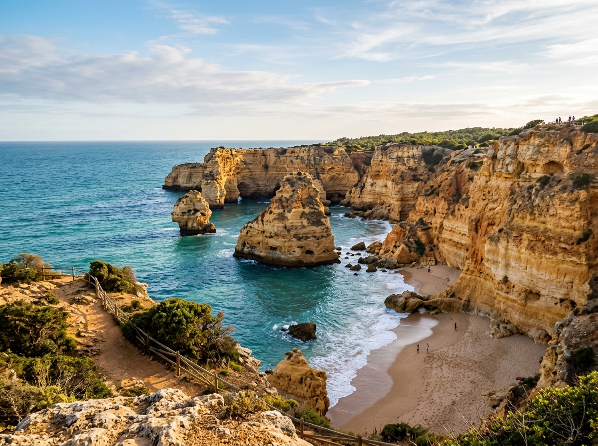 Algarve Portugal golden sea stacks and sandy coastline