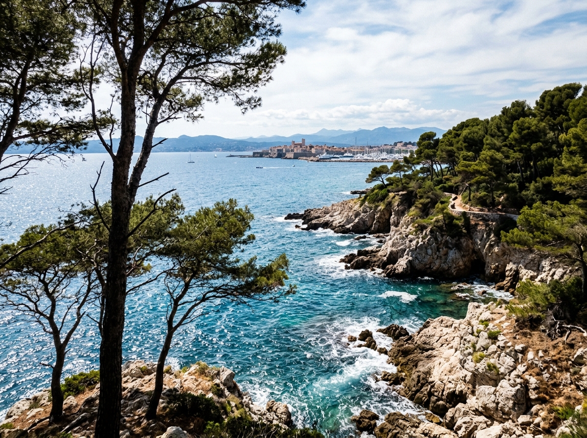 Cap d'Antibes French Riviera coastal pine trees and blue sea