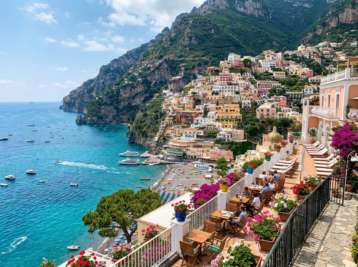 Cliffside coastal hotel overlooking turquoise Mediterranean waters in Positano Amalfi Coast