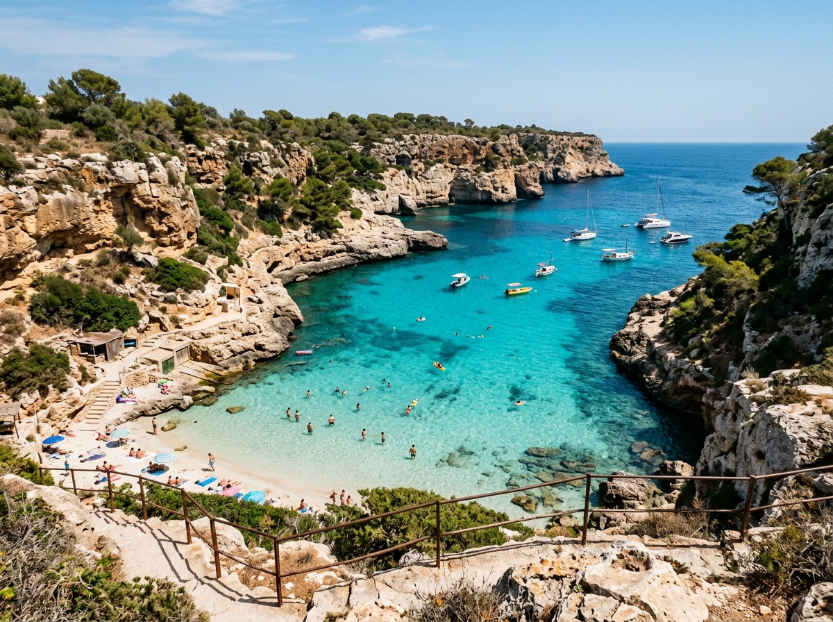 Crystal clear turquoise cove in Mallorca with sandstone cliffs