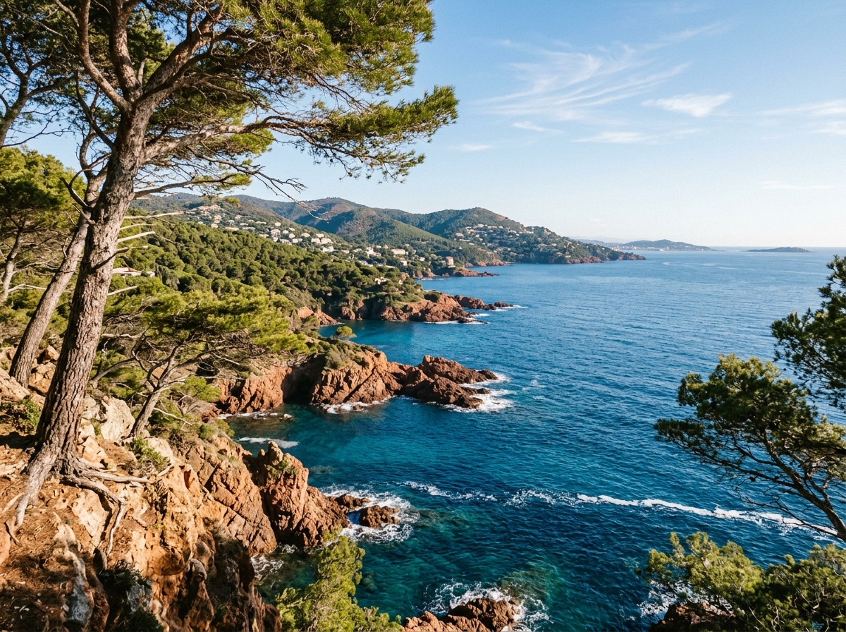 French Riviera coastline with pine trees and deep blue Mediterranean waters