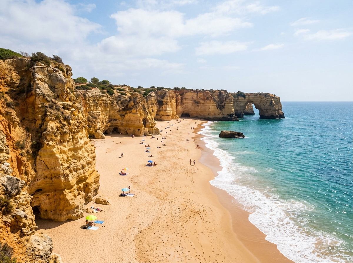 Golden sandstone cliffs and wide sandy beach in Algarve Portugal