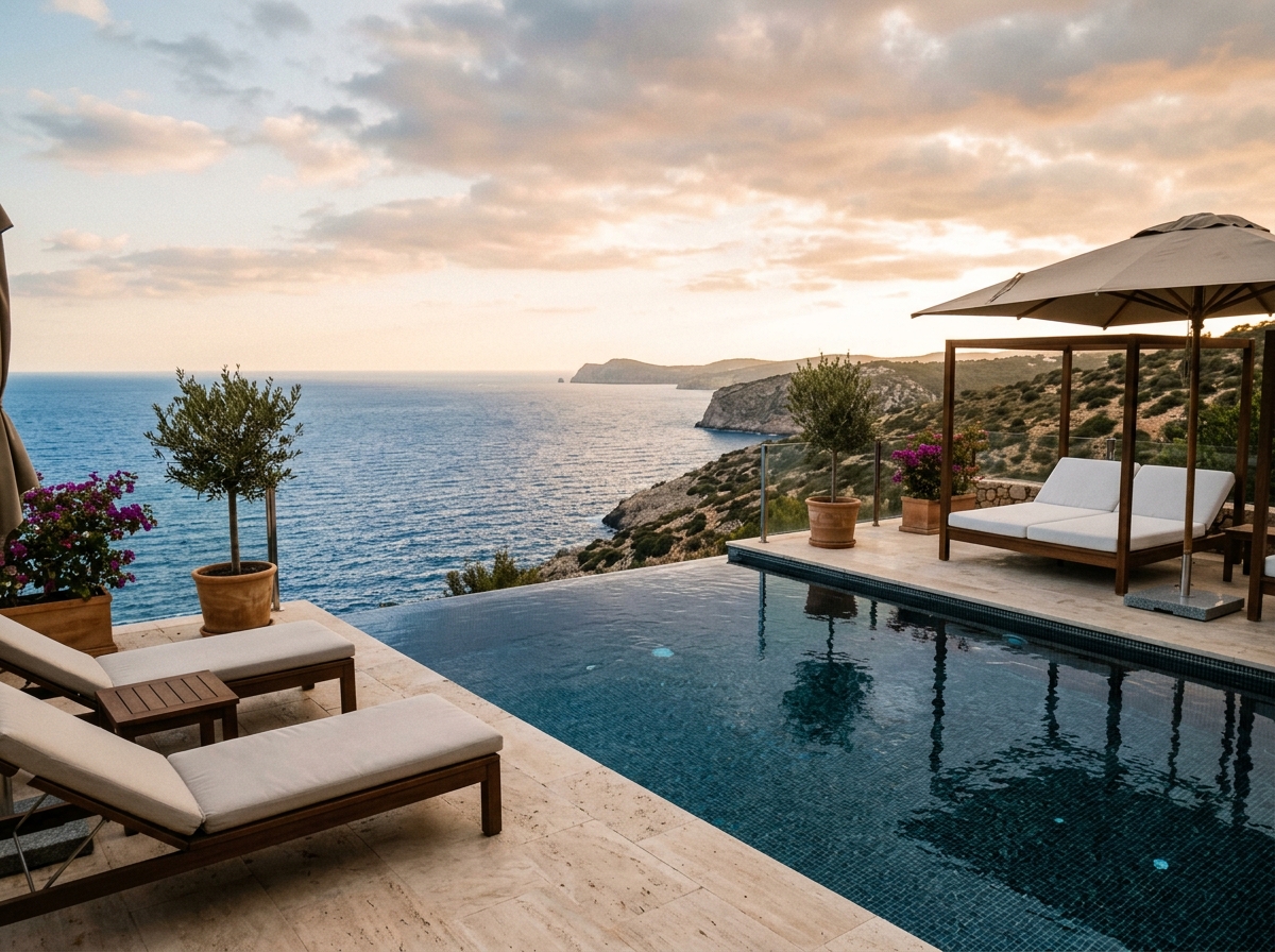 Luxury pool terrace overlooking the Mediterranean horizon