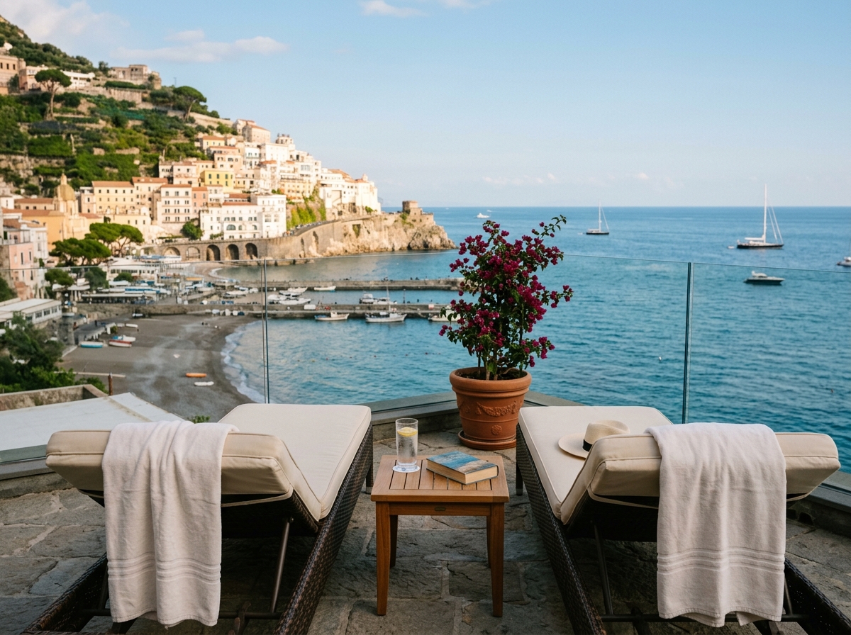 Luxury sun loungers on private sea pontoon overlooking Mediterranean