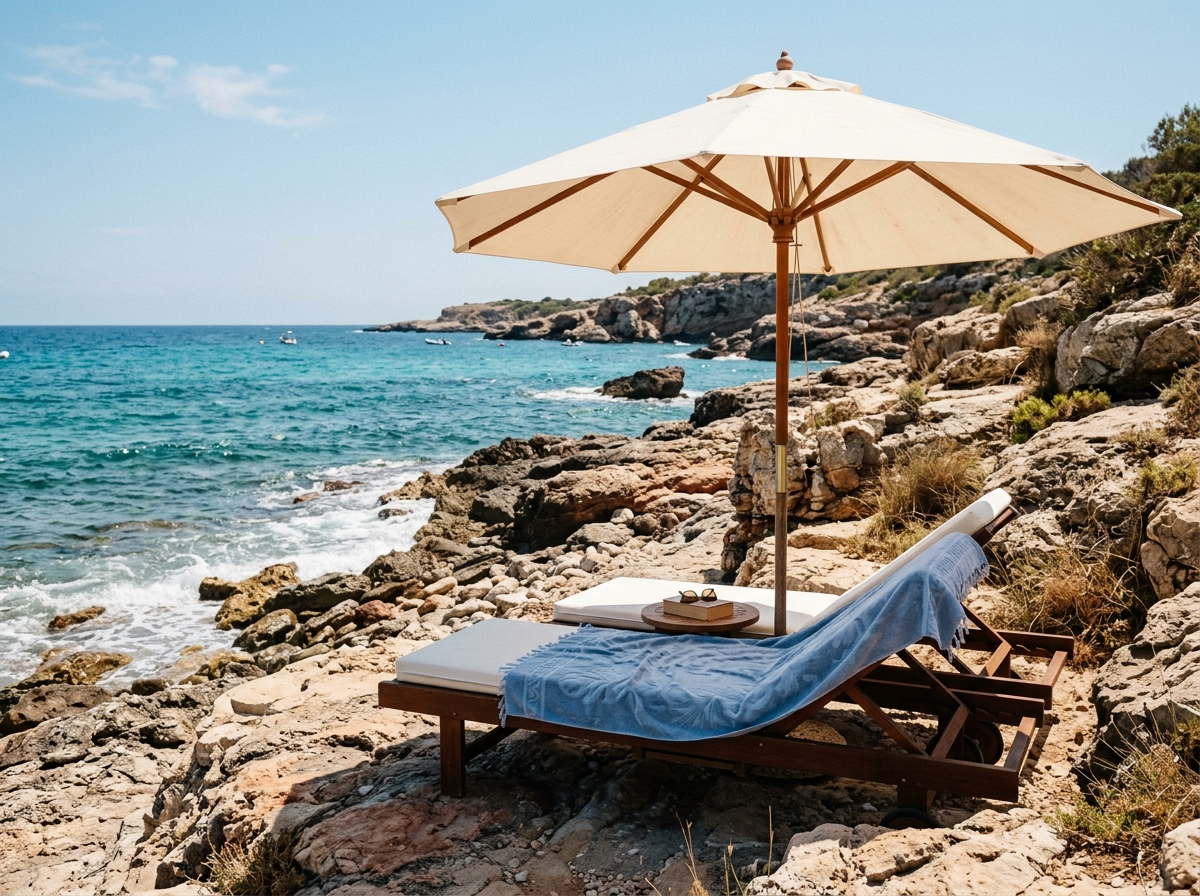 Mediterranean sunbed shaded under umbrella on rocky shoreline