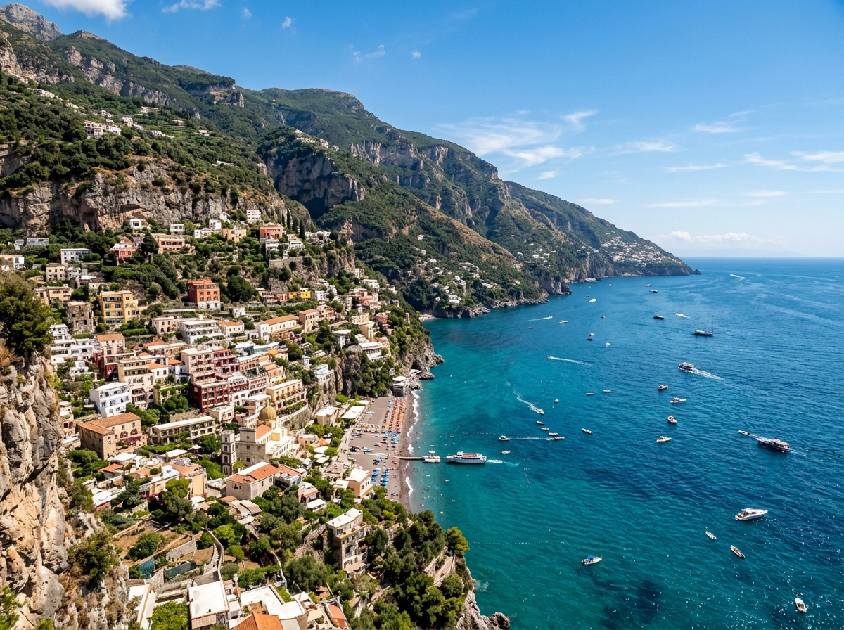 Panoramic view of Positano cliffs and deep turquoise sea