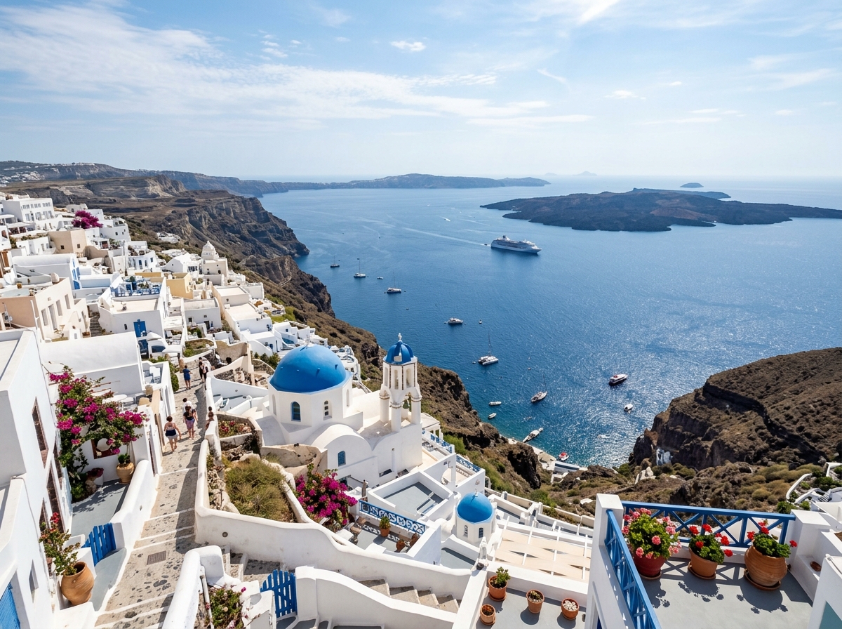 Santorini Cyclades Greece overlooking volcanic Aegean bay