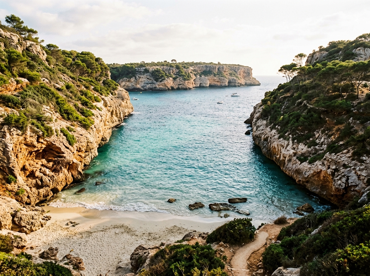 Secluded sandy cove surrounded by limestone cliffs in Mallorca Balearic Islands