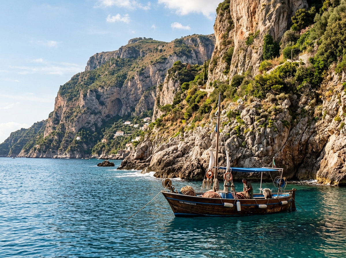 Traditional fishing boat anchored near Italian coastal cliffs