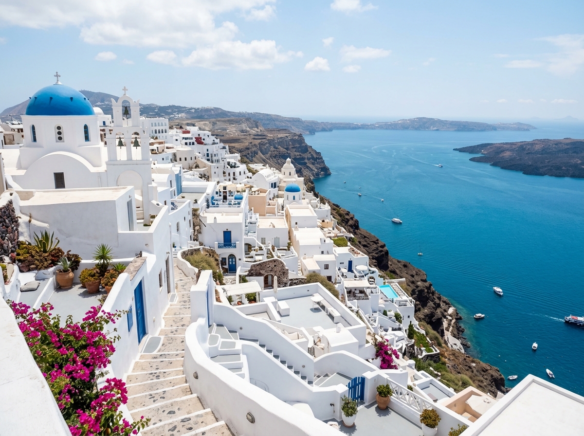White cycladic architecture overlooking the Aegean Sea caldera in Santorini Greece
